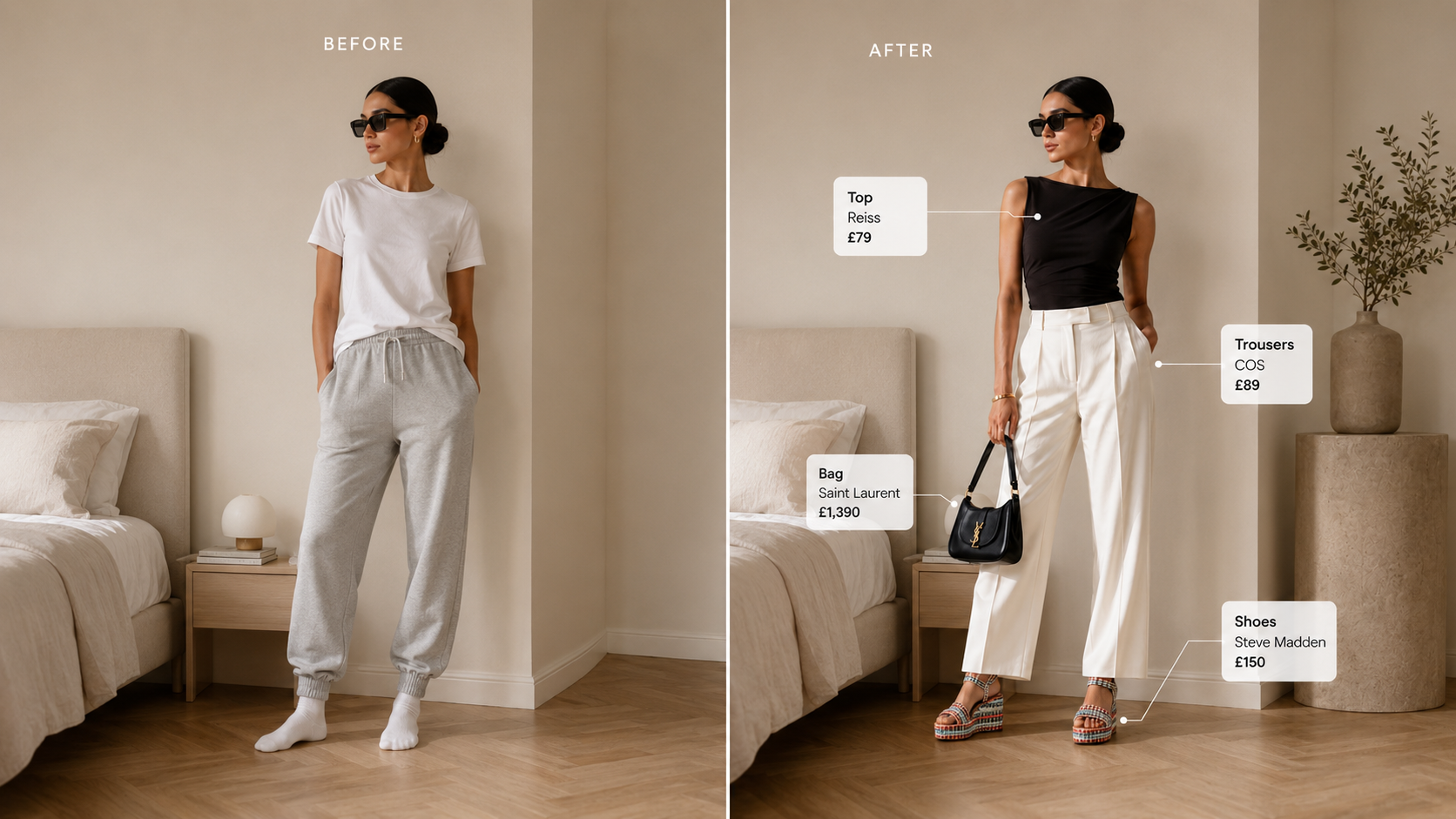 Before and after: the same person photographed in a casual tee and joggers, then restyled in a black top, white wide-leg trousers, Saint Laurent bag and heels — with shoppable labels (Top by Reiss £79, Trousers by COS £89, Bag by Saint Laurent £1,390, Shoes by Steve Madden £150)