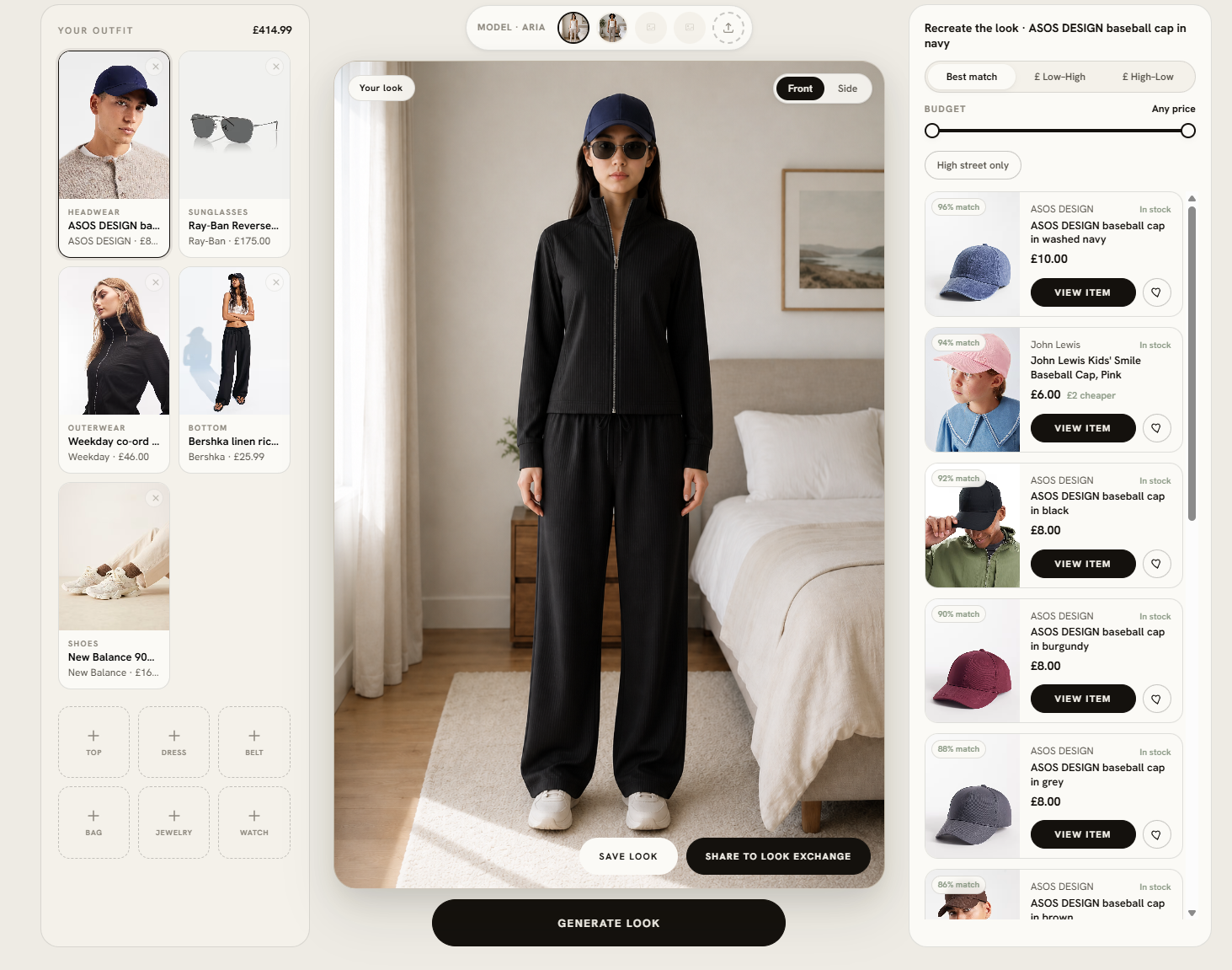 Bedazzle Virtual Wardrobe — a navy baseball-cap look previewed on a model, with cheaper high-street matches listed under Recreate the look